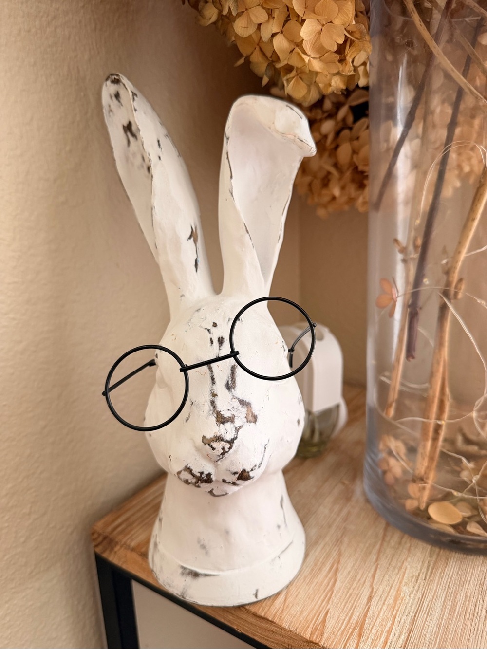 White Distressed Bunny Head Sculpture with Glasses - Home Art Decor